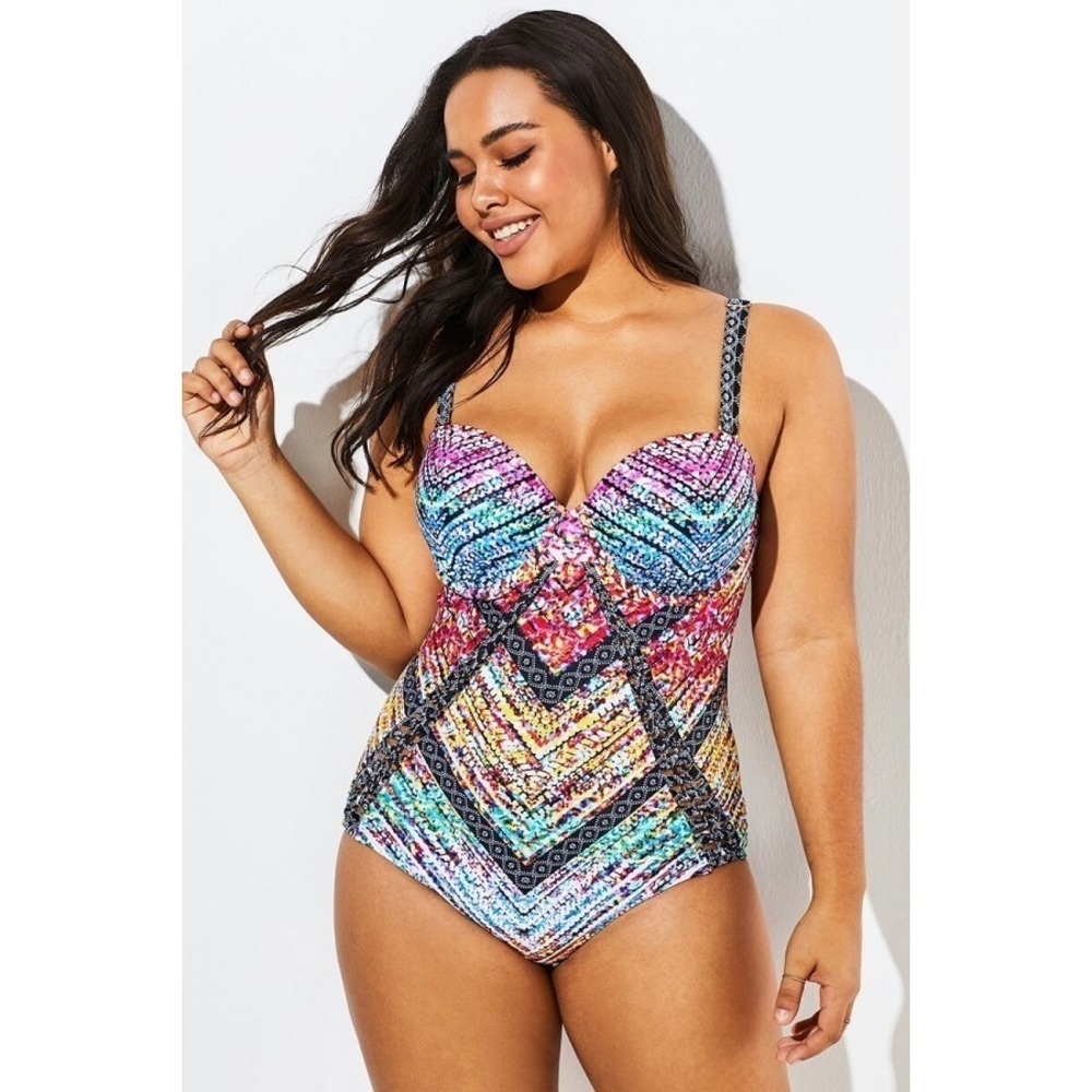 Swimsuits for All Macrame Underwire One Piece Swimsuit Chevron Plus Size 22